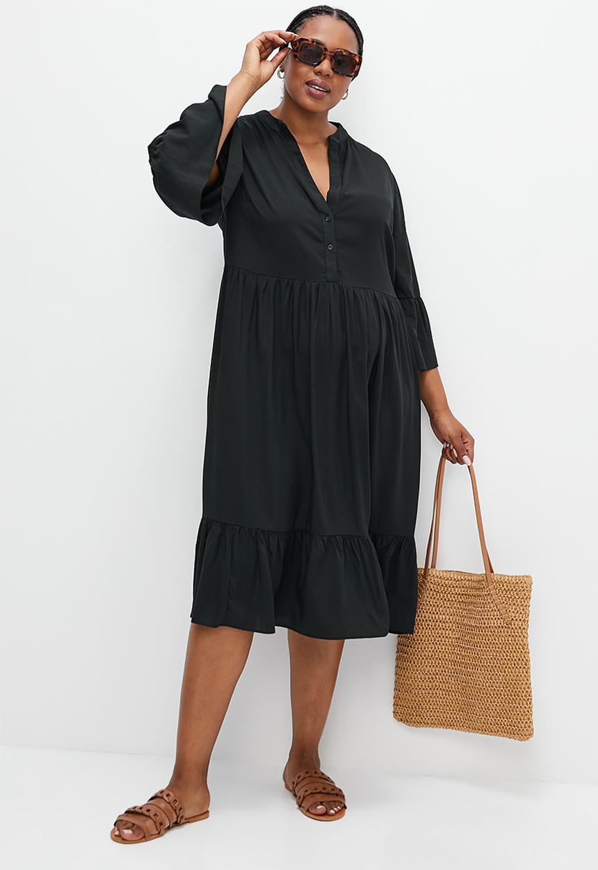 edit Plus - Mandarin collar tiered swing dress - black