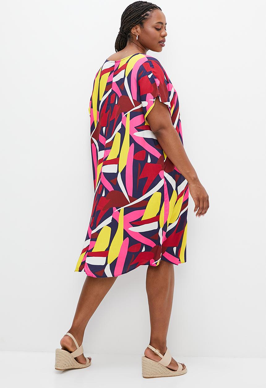 edit Plus - V-neck curved hem tunic - bold abstract leaves