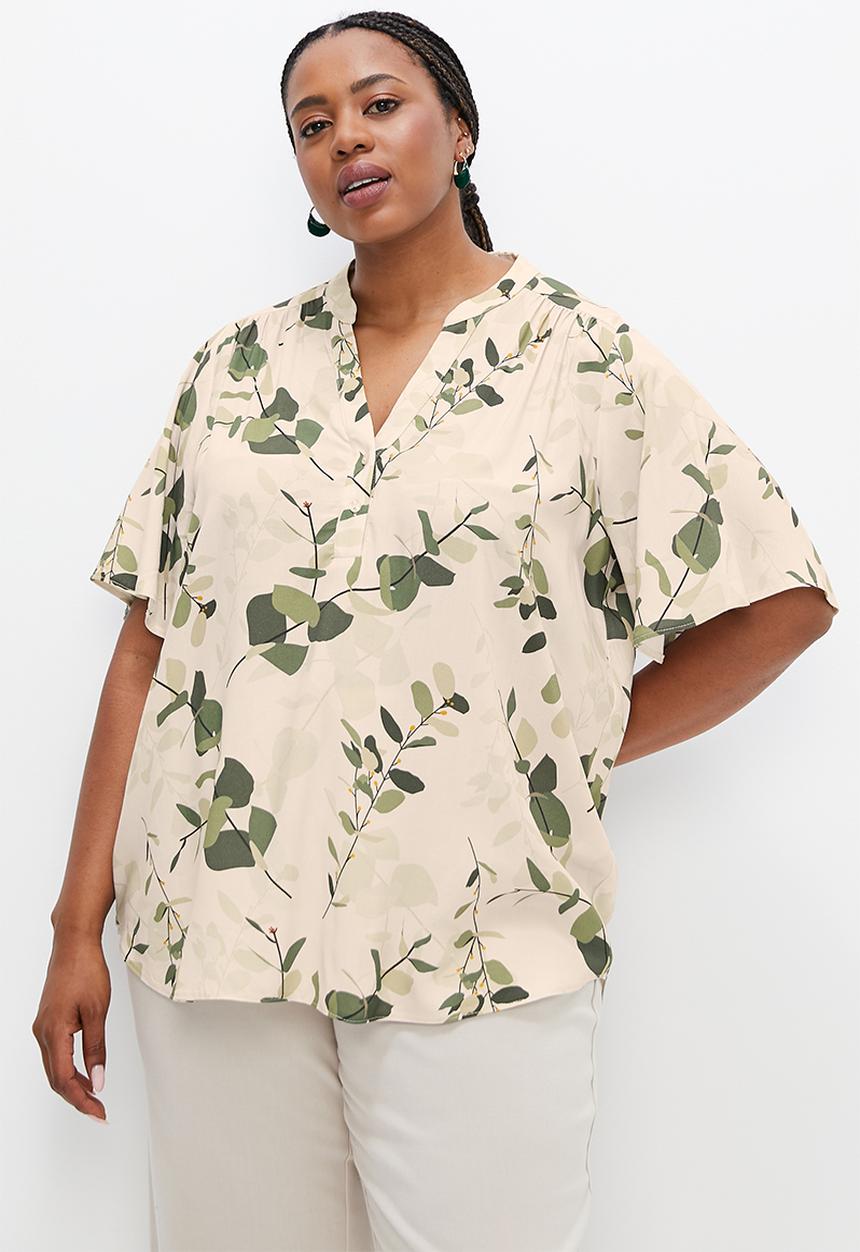 edit Plus - Mandarin bellow sleeve peasant blouse - green penngum leaves