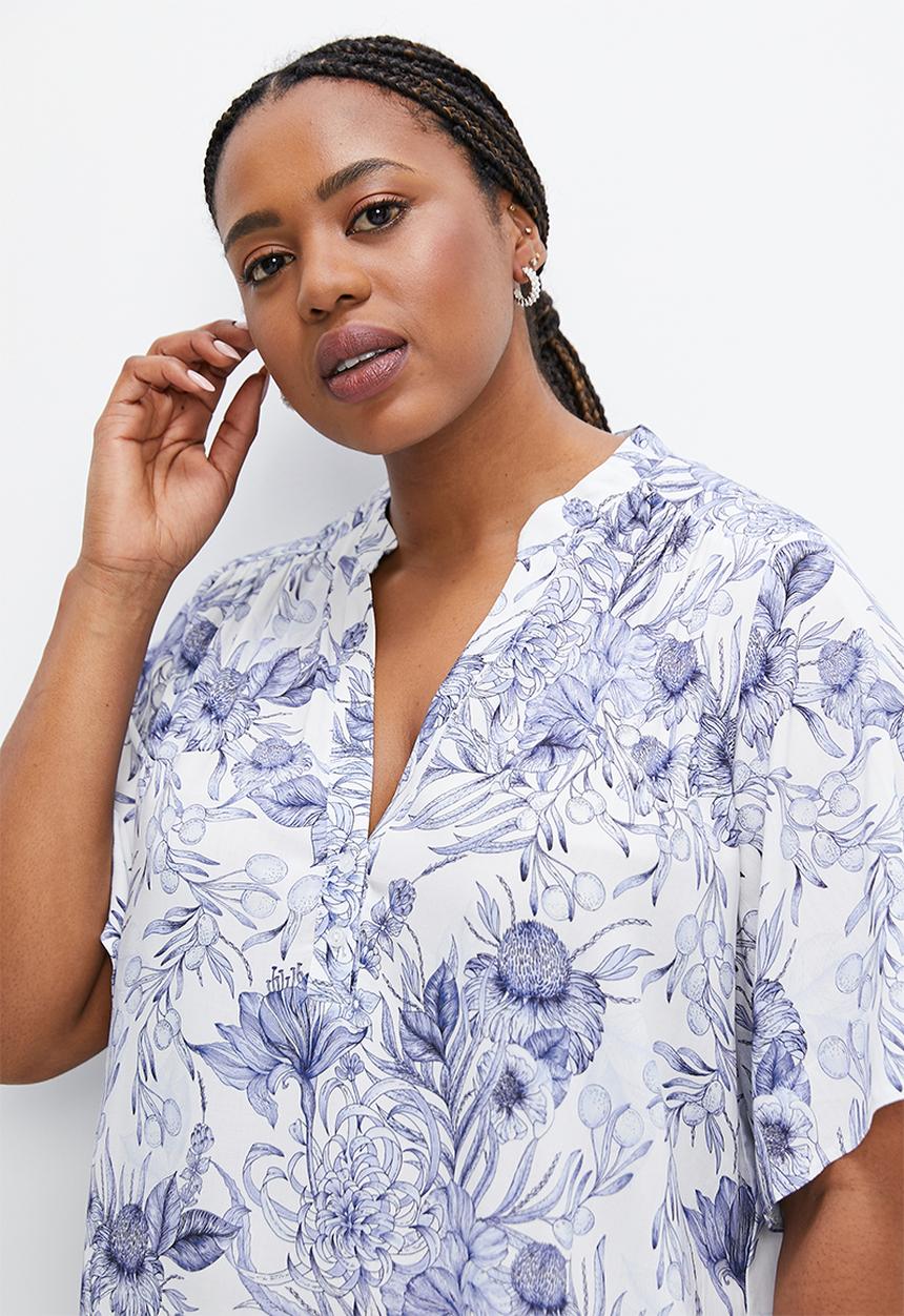 edit Plus - Mandarin bellow sleeve peasant blouse - blue botanical
