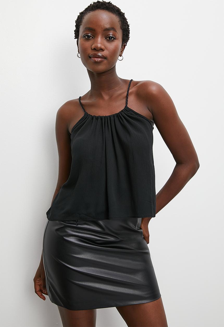 VELVET - Scoop neck cami blouse with tunnel rope detail - black