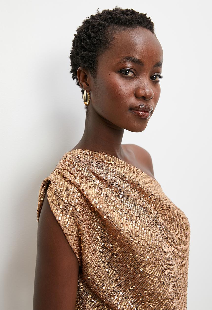 VELVET - Draped asymmetric sequince top - bronze