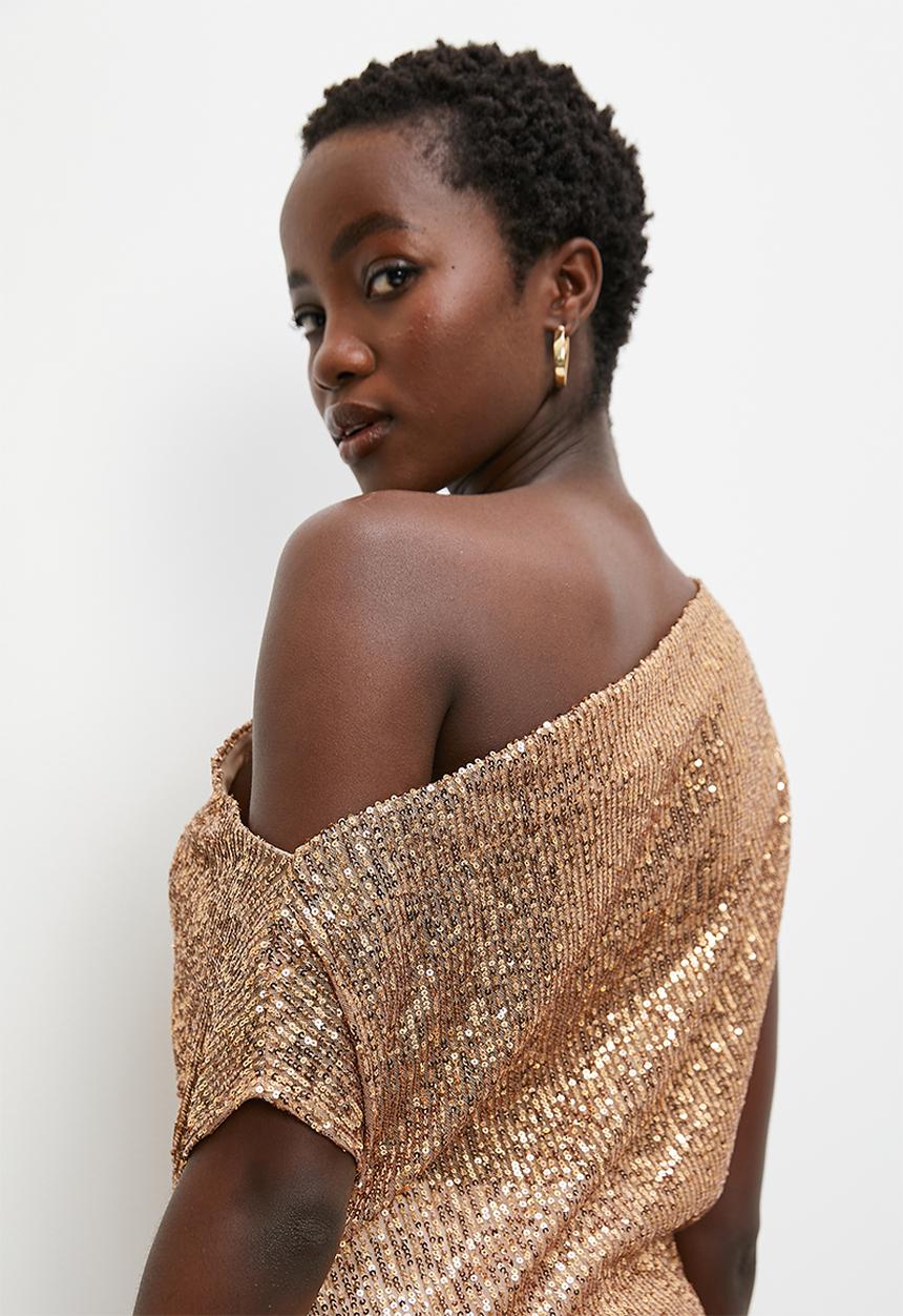 VELVET - Draped asymmetric sequince top - bronze