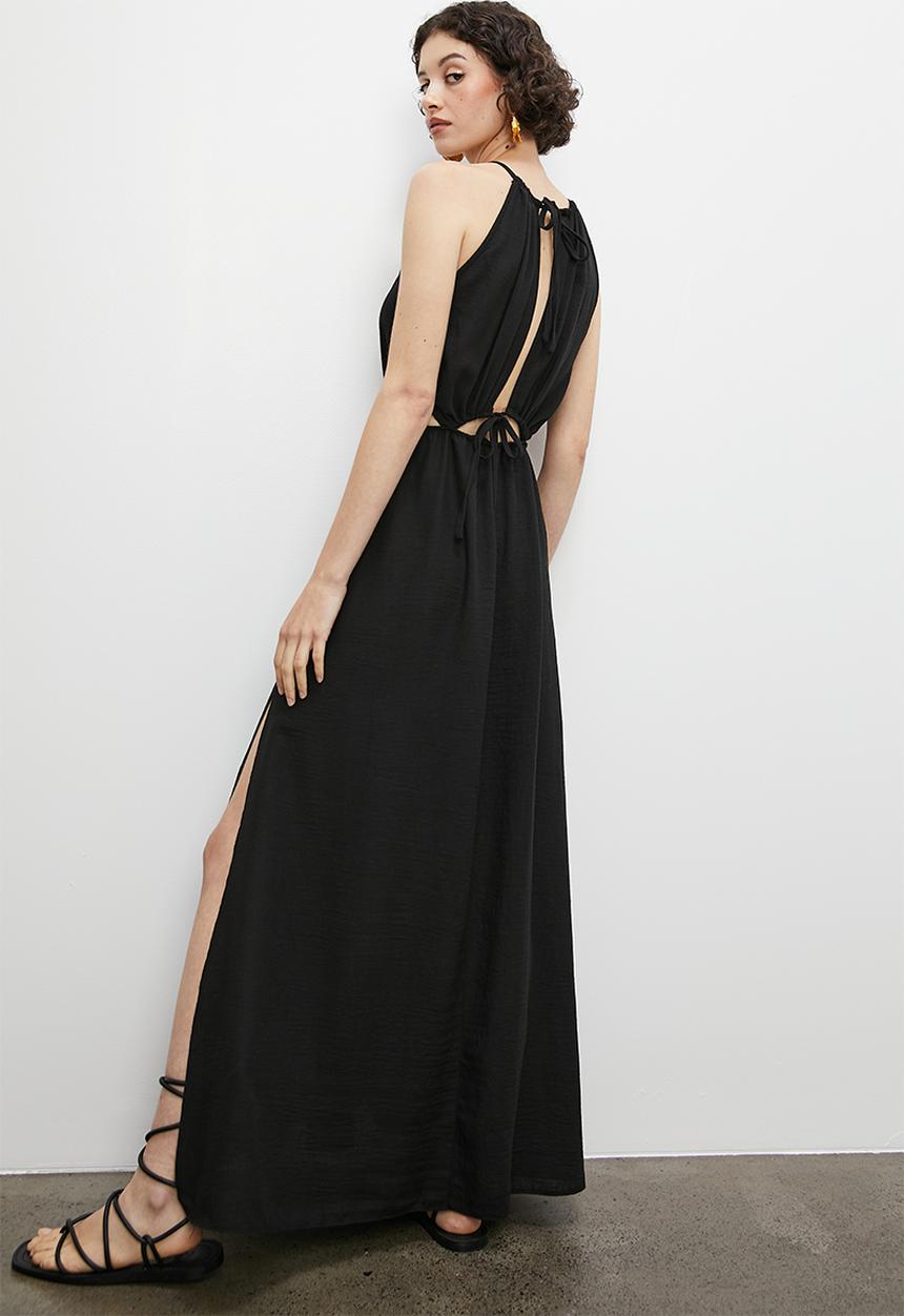 VELVET - Drawstring tie halter boho maxi with slits - black