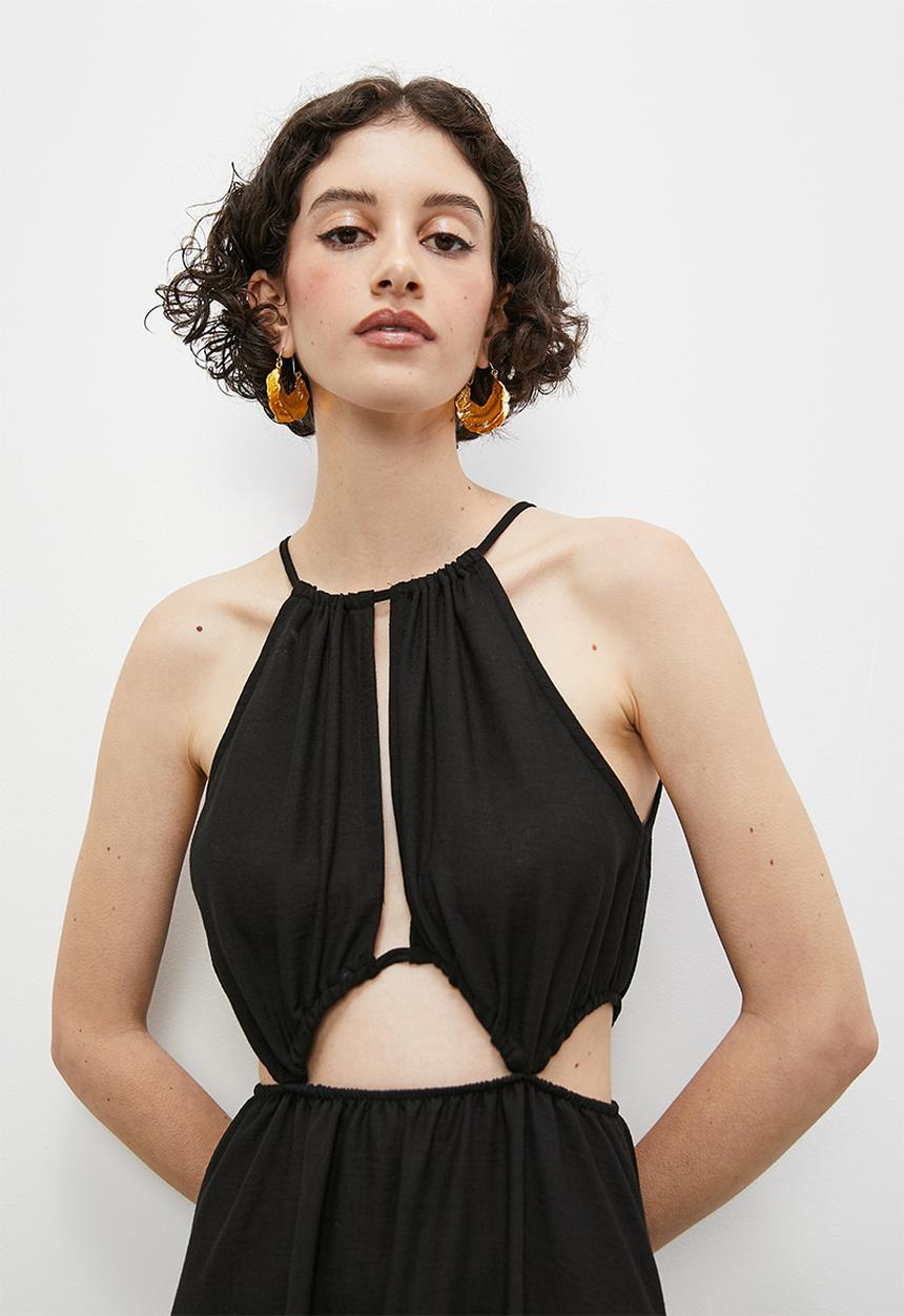 VELVET - Drawstring tie halter boho maxi with slits - black