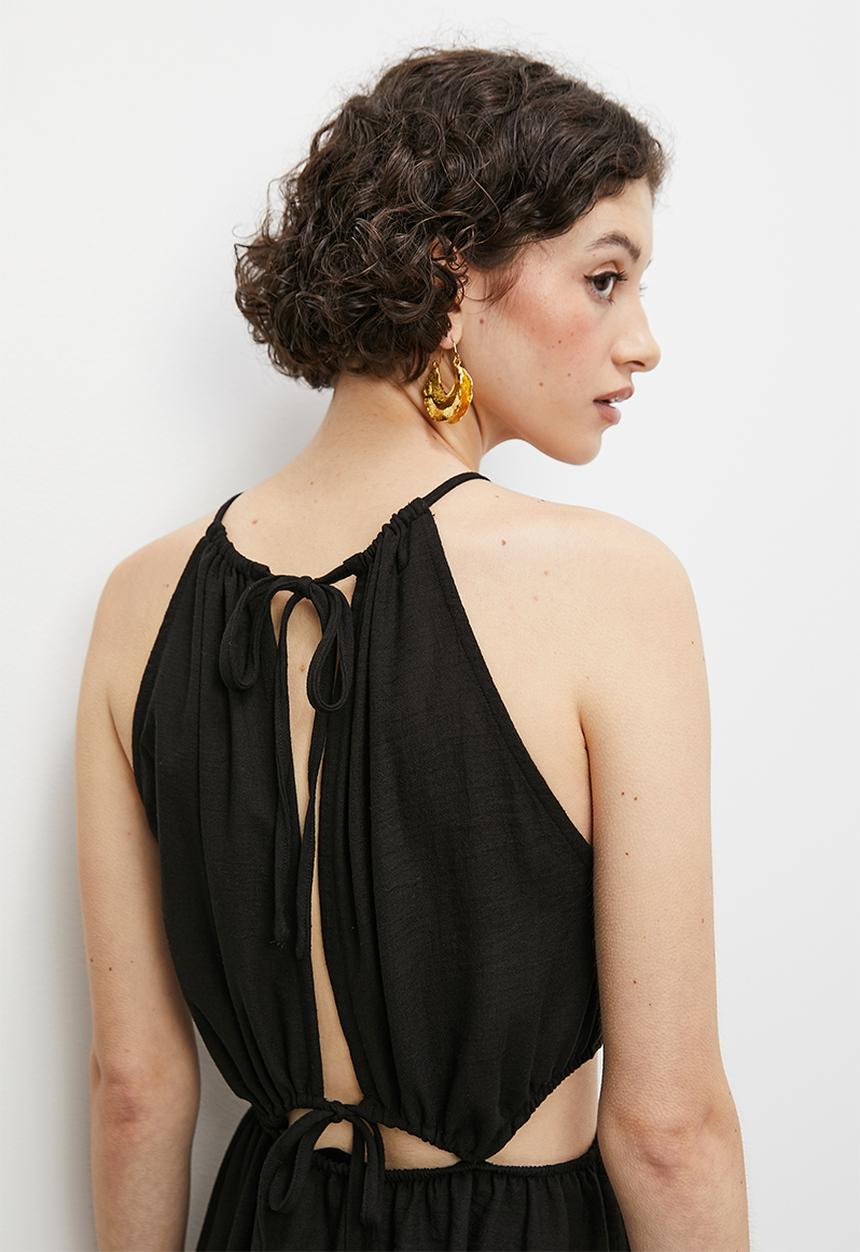 VELVET - Drawstring tie halter boho maxi with slits - black