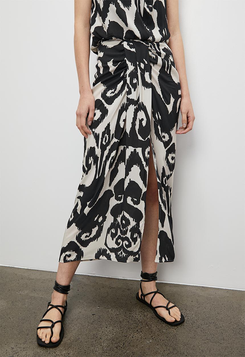 VELVET - Co ord printed front draped sarong skirt - monochrome tribal