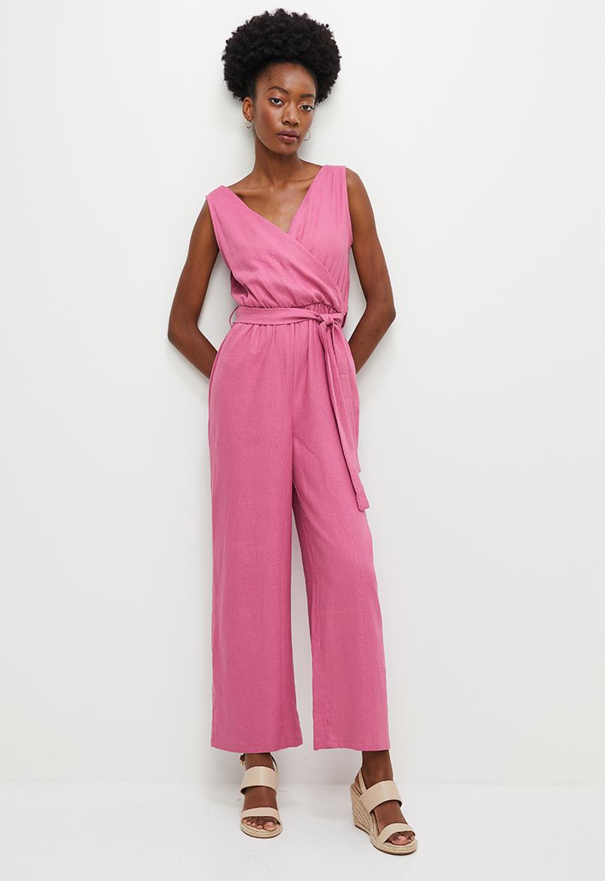 edit - Linen belted mock wrap jumpsuit - mauve