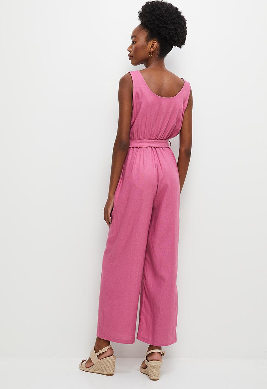 edit - Linen belted mock wrap jumpsuit - mauve