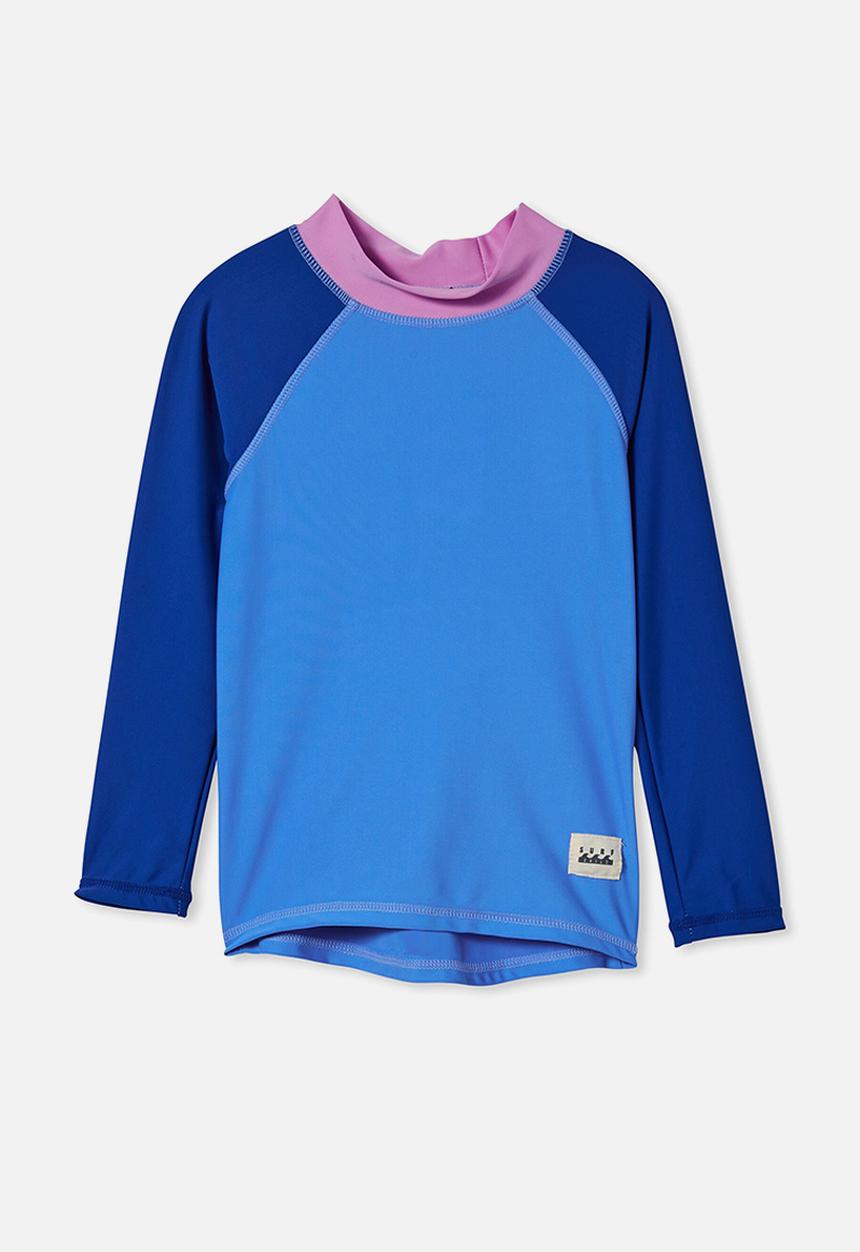 Cotton On - Flynn long sleeve raglan rash vest - blue bell/blue punch splice