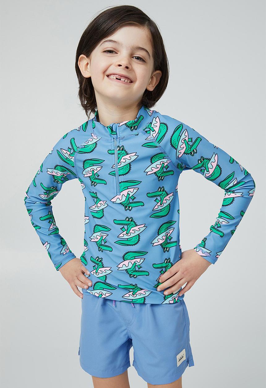 Cotton On - Flynn long sleeve zip thru rash vest - blue bell/croc surf