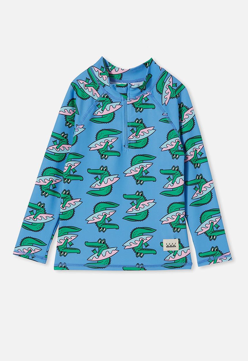 Cotton On - Flynn long sleeve zip thru rash vest - blue bell/croc surf
