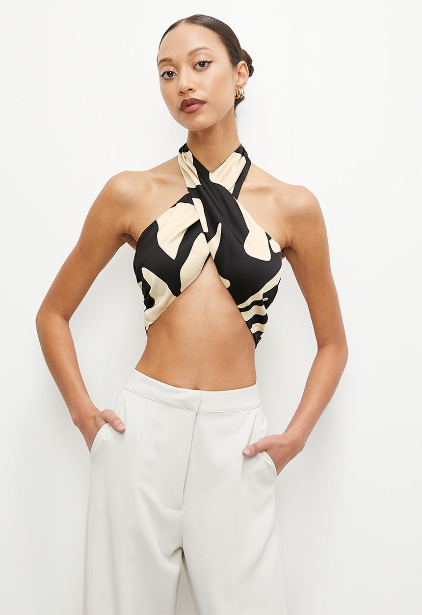 VELVET - Co-ord crossover front halter tie blouse - monochrome abstract print