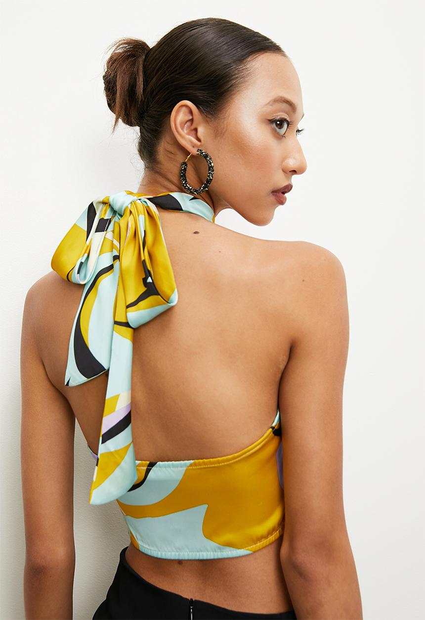 VELVET - Co-ord crossover front halter tie blouse - yellow geo print