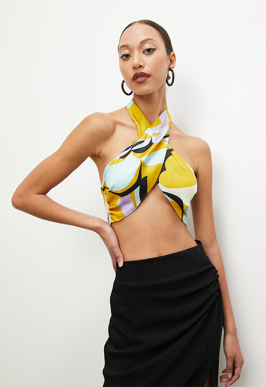 VELVET - Co-ord crossover front halter tie blouse - yellow geo print