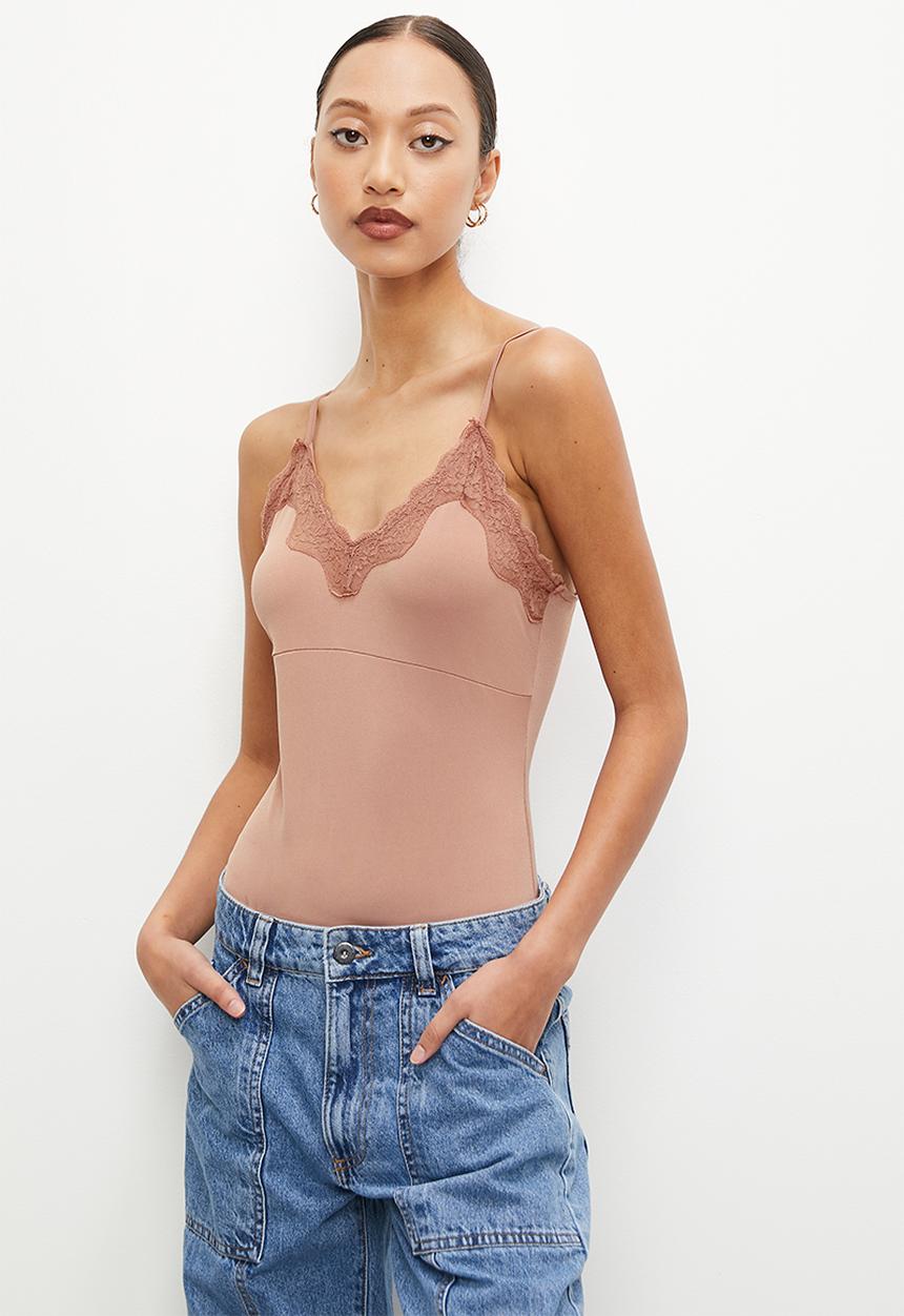 VELVET - Lace trimmed cami bodysuit - clay
