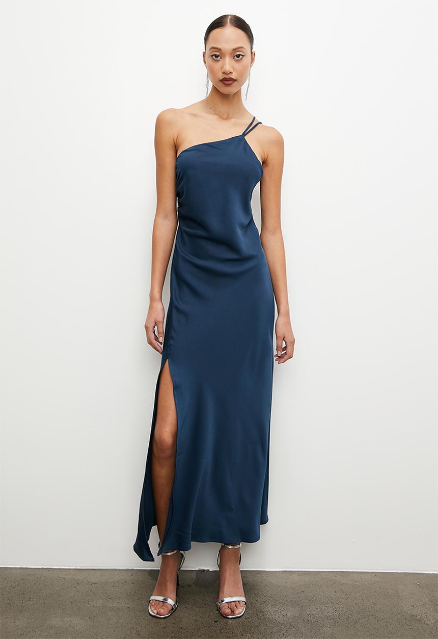 VELVET - Printed satin asym slip dress with slit - moonlit ocean