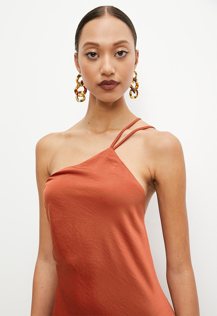 VELVET - Printed satin asym slip dress with slit - baked clay