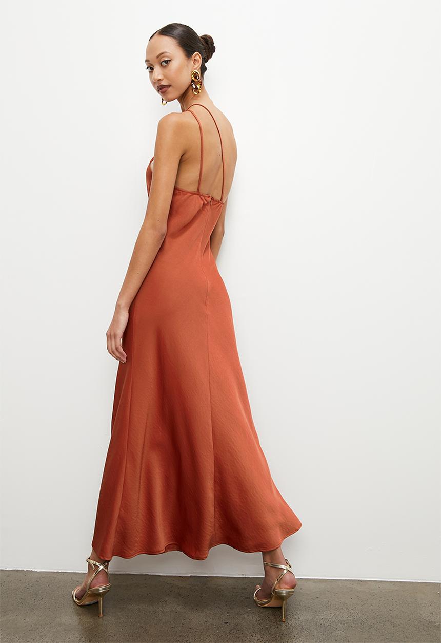 VELVET - Printed satin asym slip dress with slit - baked clay
