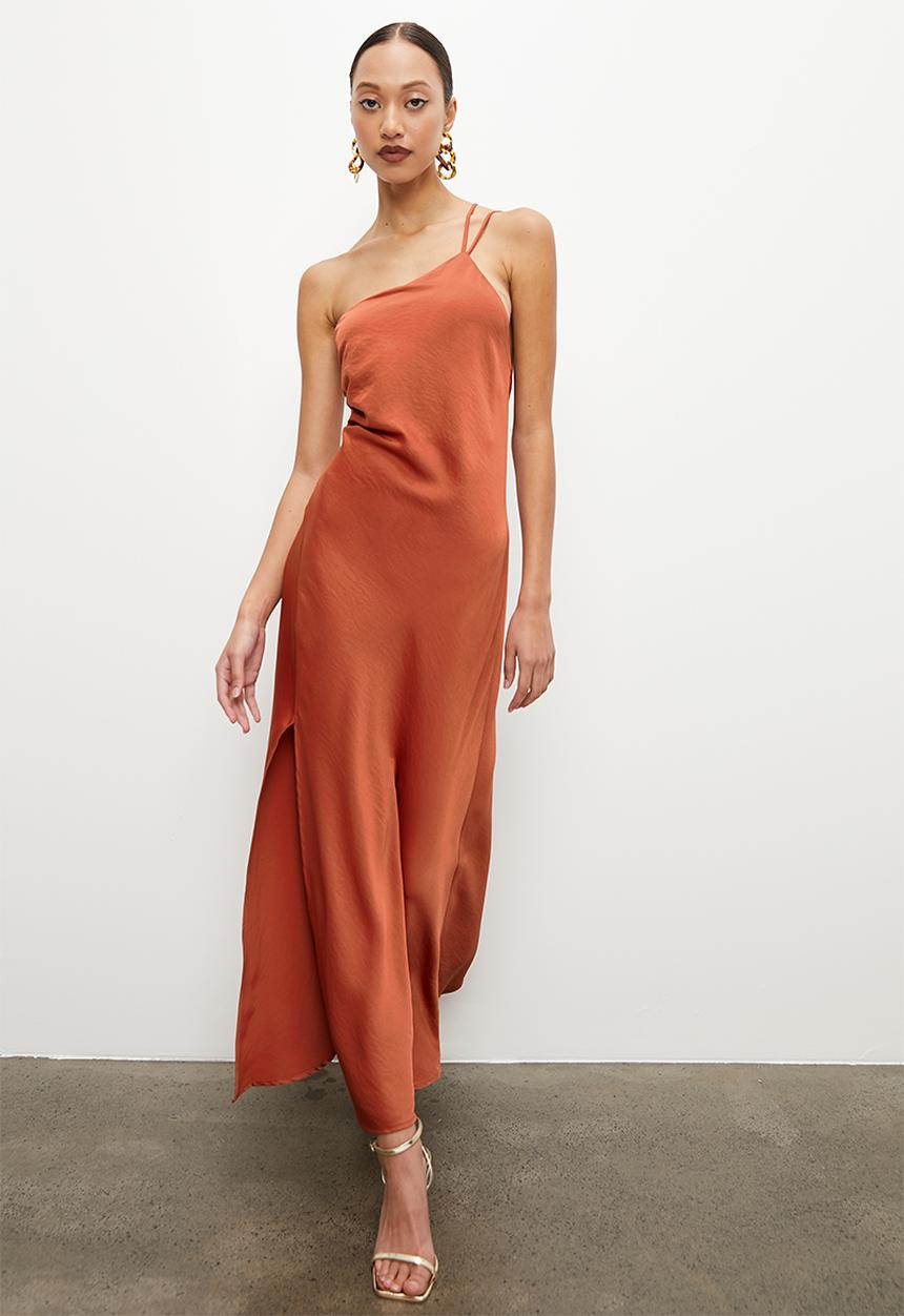 VELVET - Printed satin asym slip dress with slit - baked clay