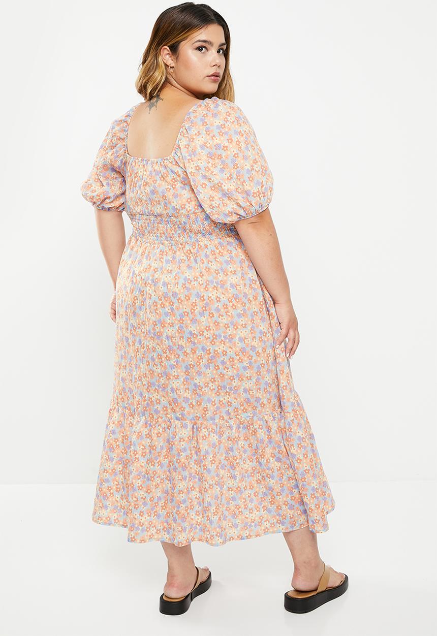 Me&B - Plus shirring curved band dress with pockets - blues floral ditsy