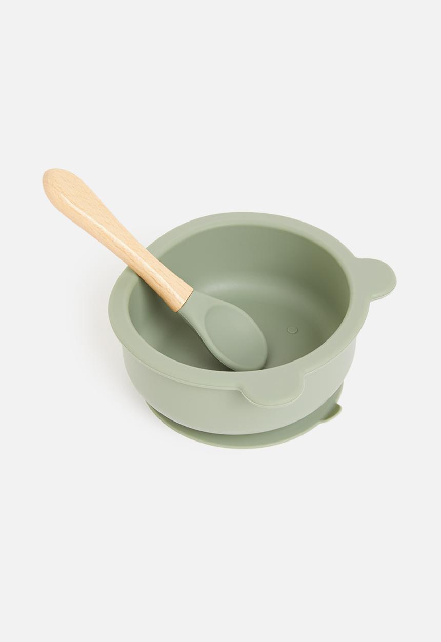 Sixth Floor - Baby bear silicone suction bowl with spoon - sage