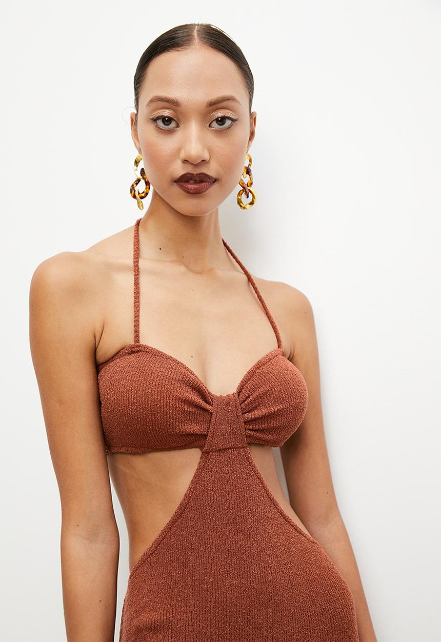 VELVET - Cut away halter open work dress - terracotta