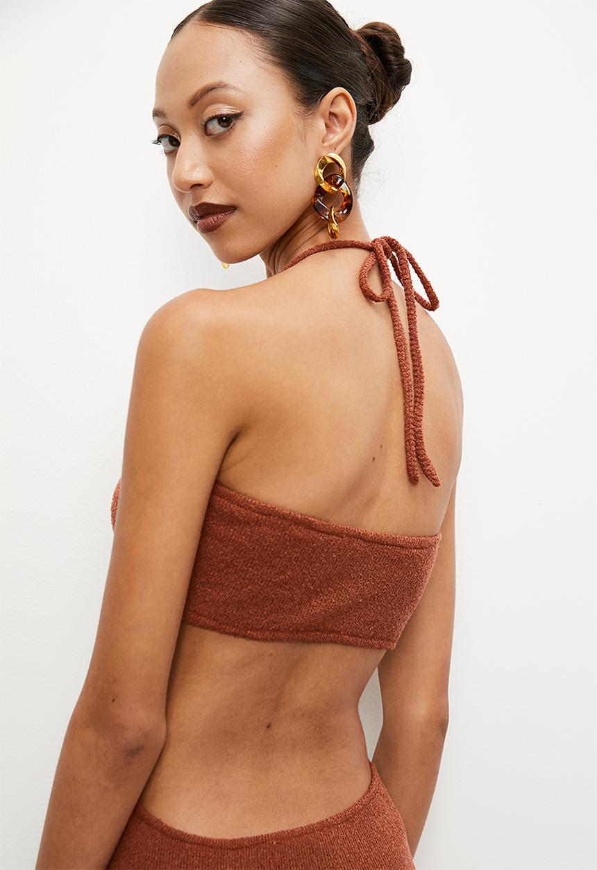 VELVET - Cut away halter open work dress - terracotta