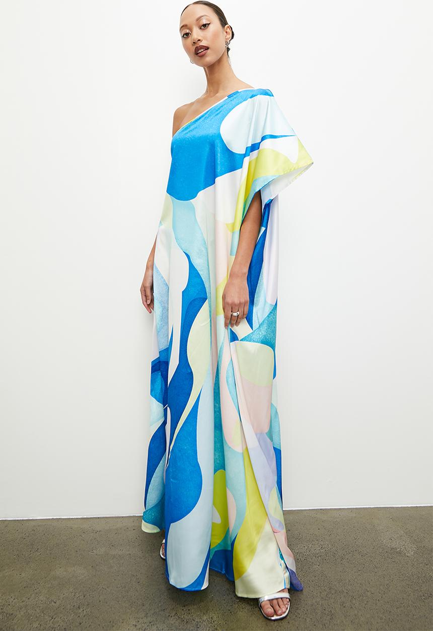 VELVET - Printed asymmetric maxi kaftan dress - turquoise abstract satin