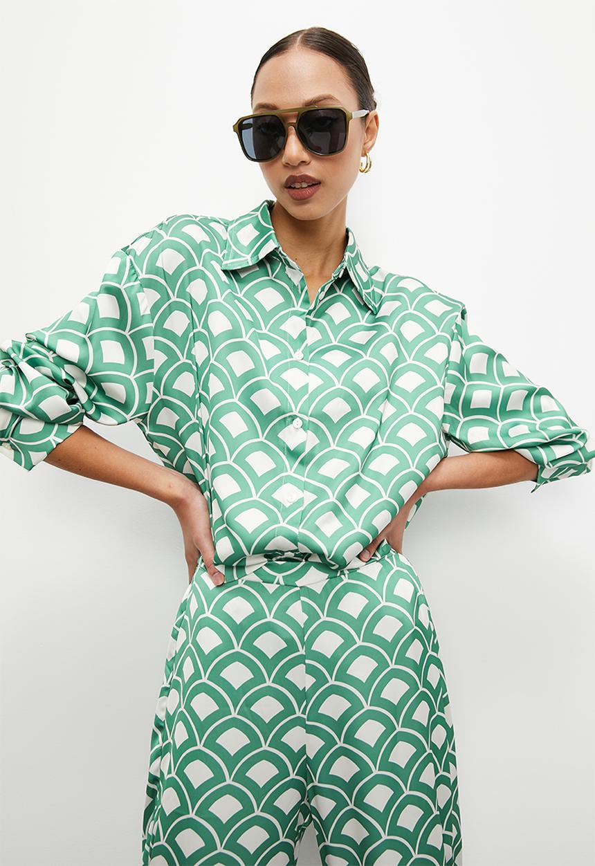 VELVET - Co ord button through luxe shirt blouse - geo print