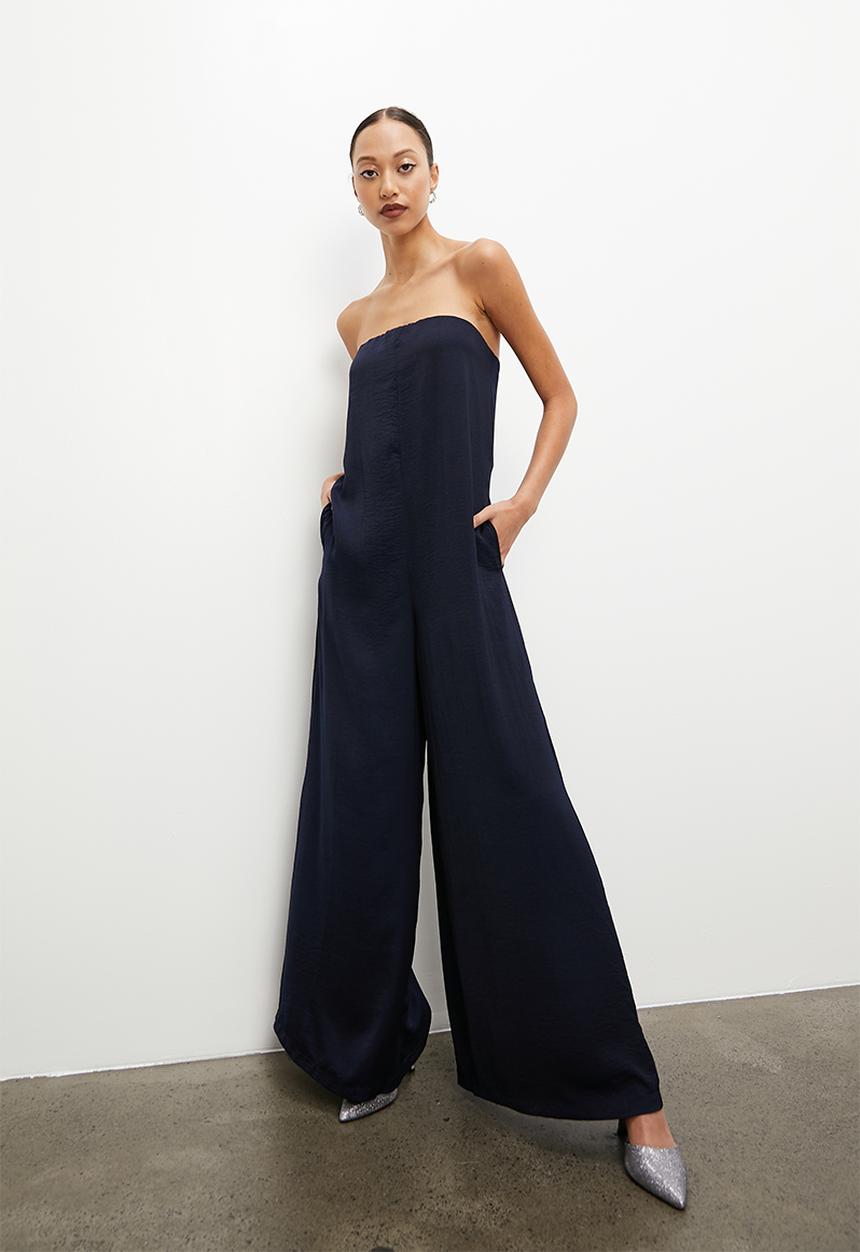 VELVET - Satin bandeau palazzo jumpsuit - navy