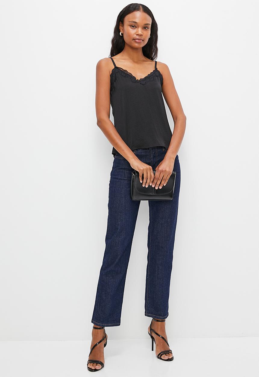 MILLA - Satin cami with lace trim - black