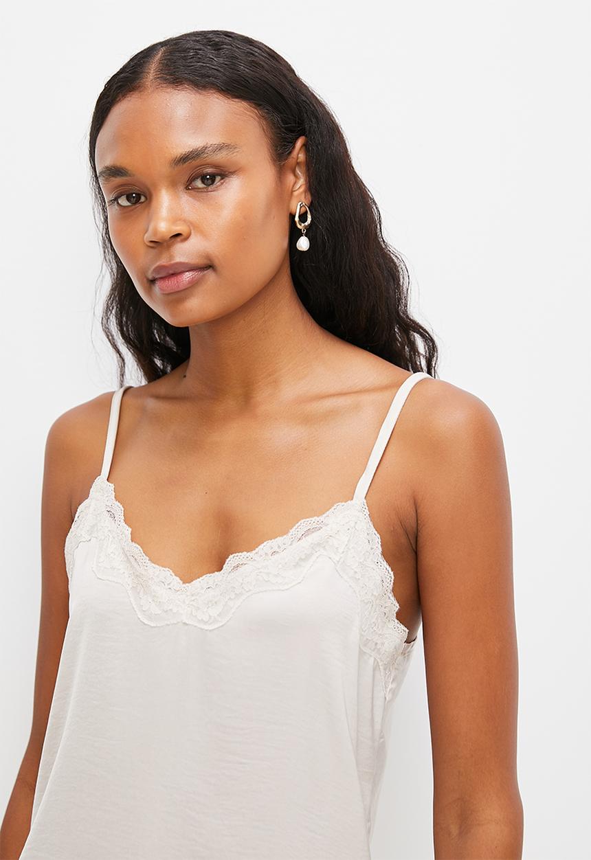 MILLA - Satin cami with lace trim - ecru