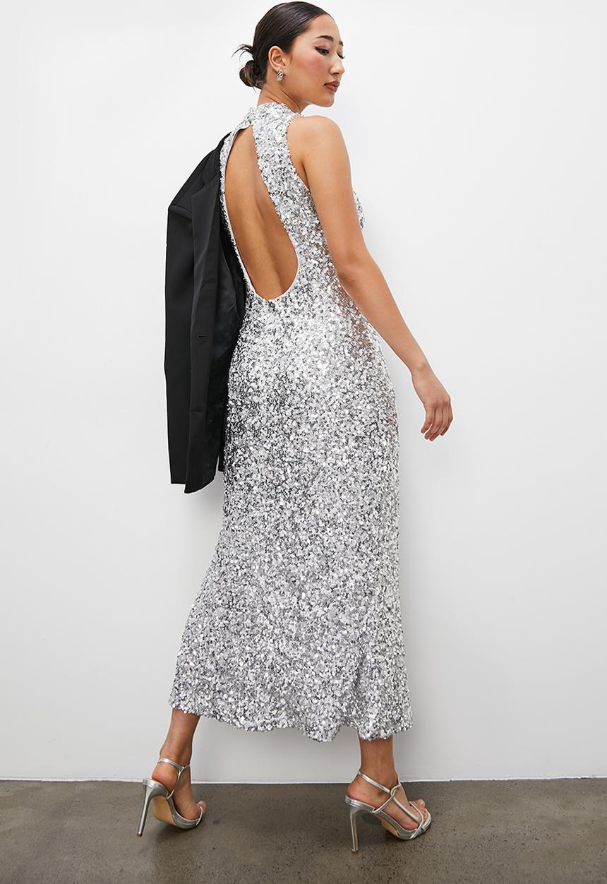 VELVET - Halter sequins midi dress - silver