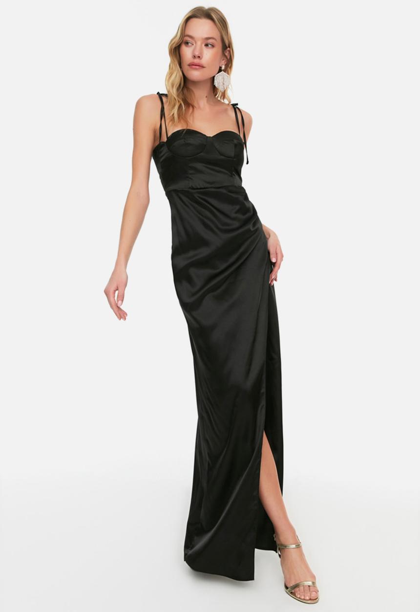 Trendyol - Slit detail satin maxi dress - black