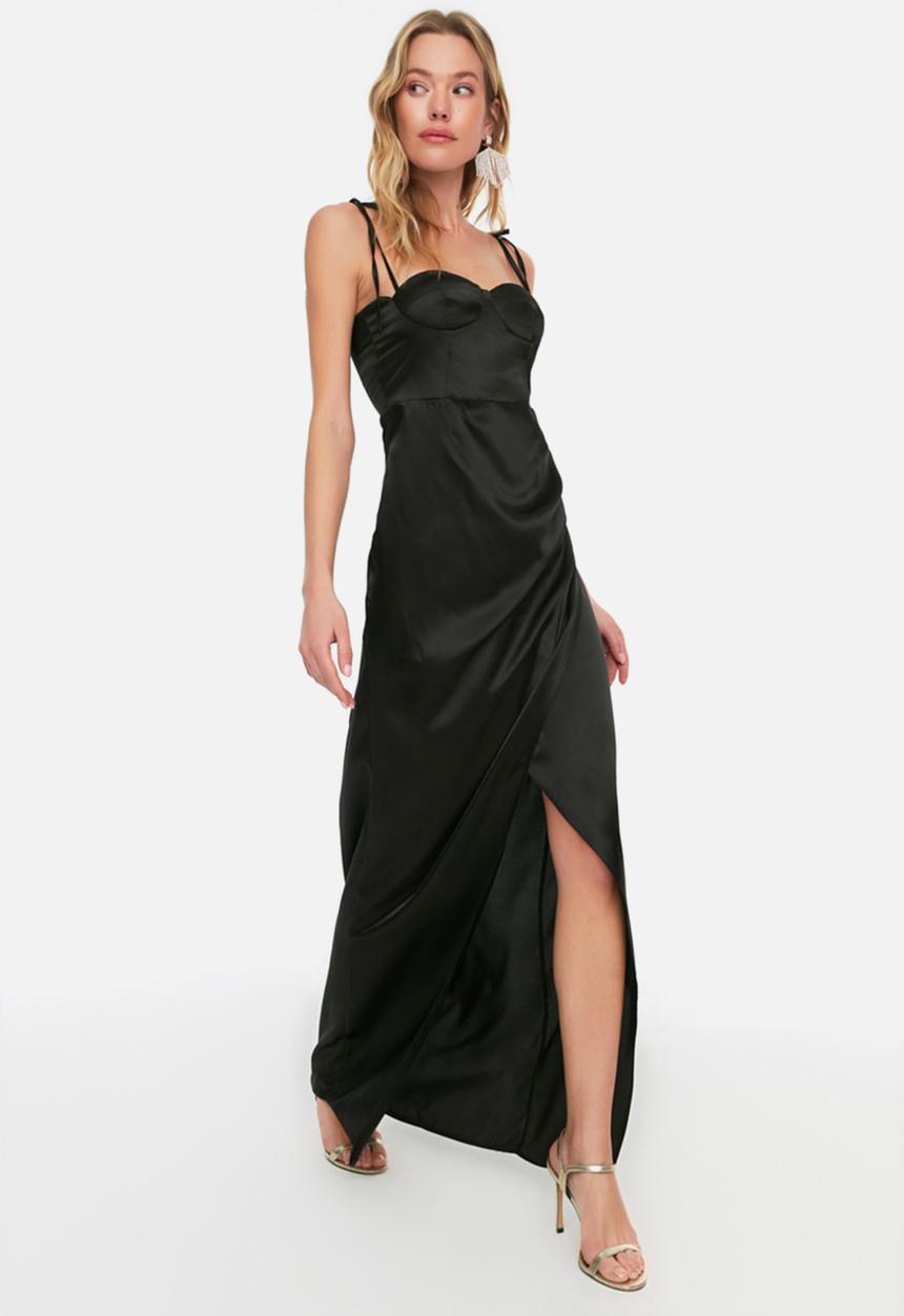 Trendyol - Slit detail satin maxi dress - black