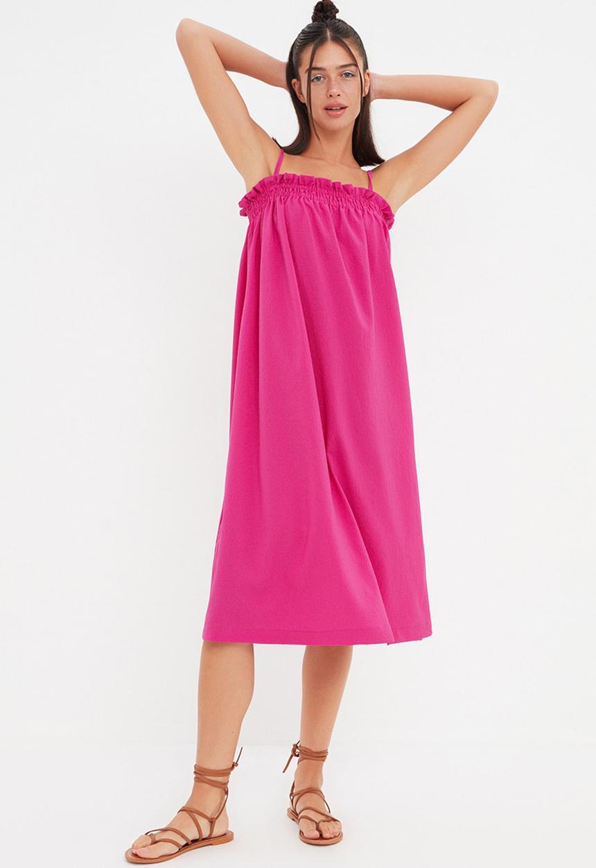 Trendyol - Strap detail ruffle midi dress - pink