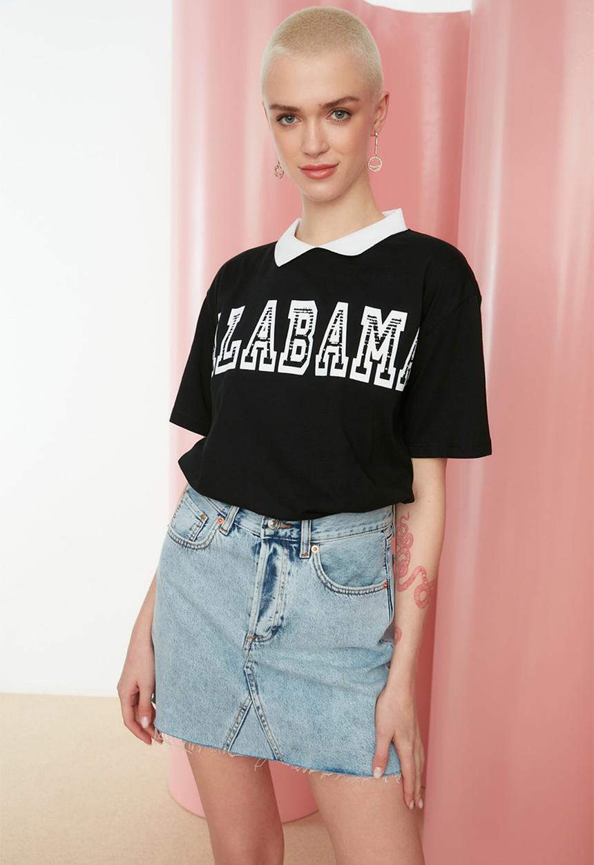 Trendyol - Mini collar boyfriend T-shirt - black