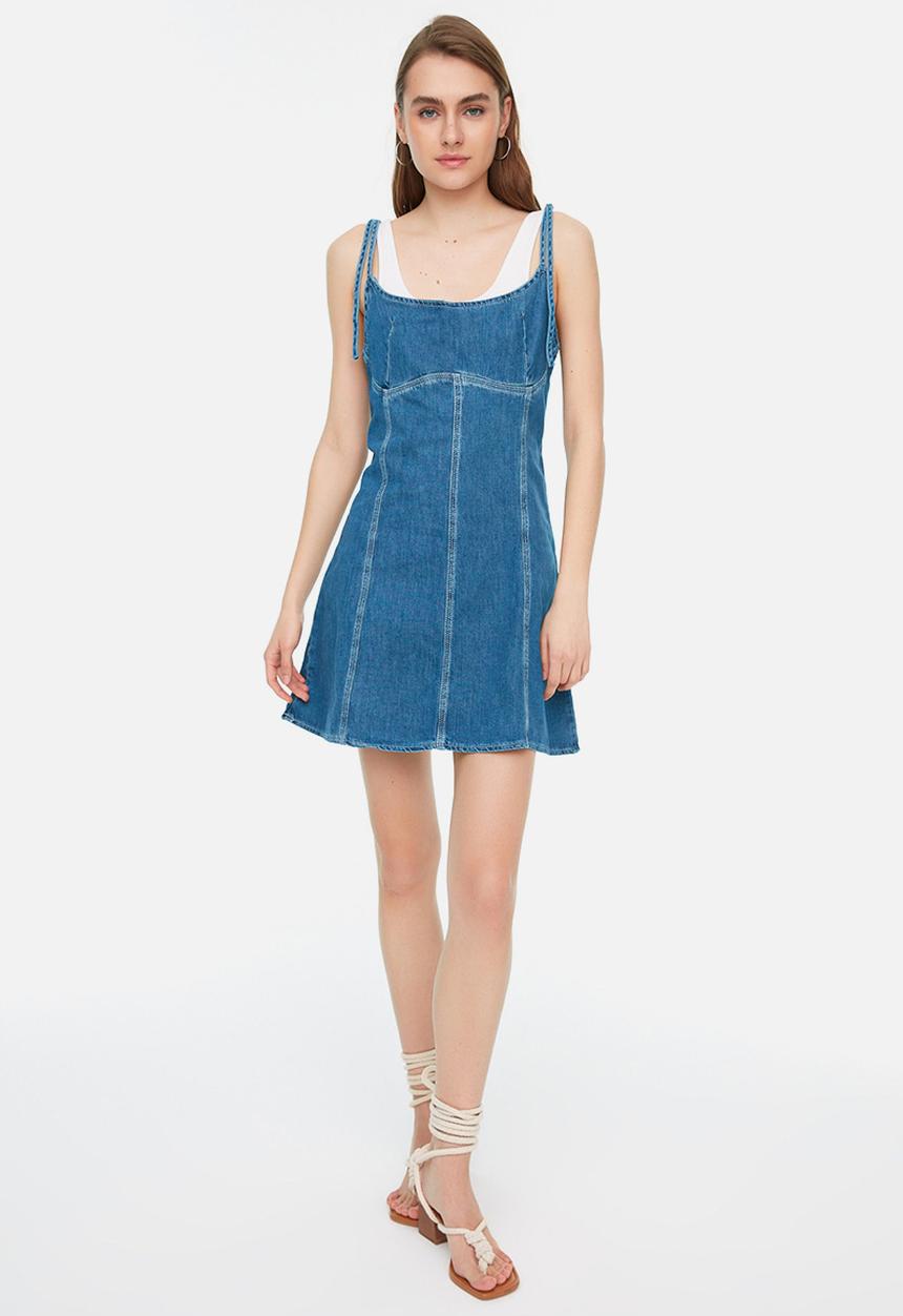 Trendyol - Tie shoulder denim dress - blue