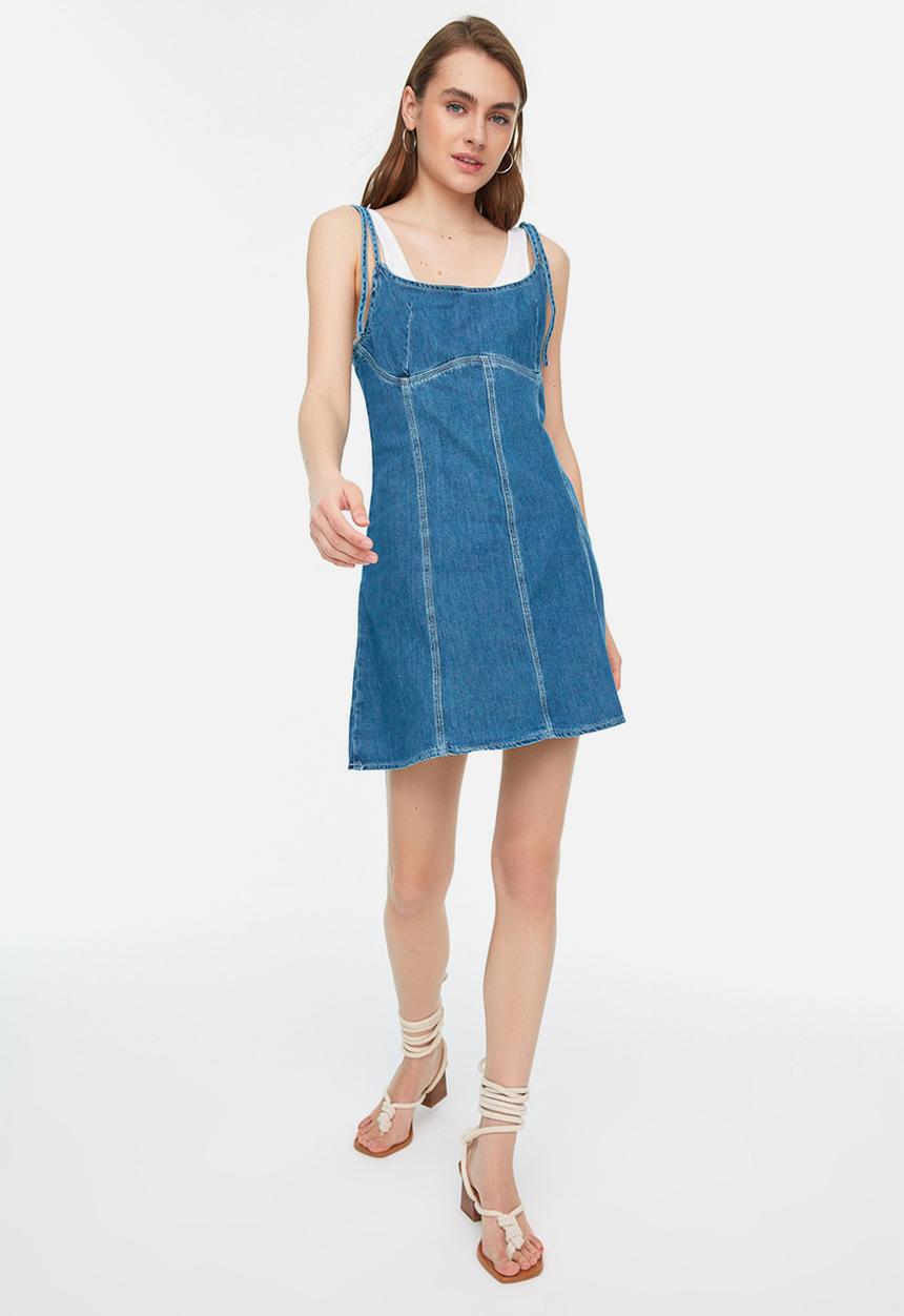 Trendyol - Tie shoulder denim dress - blue