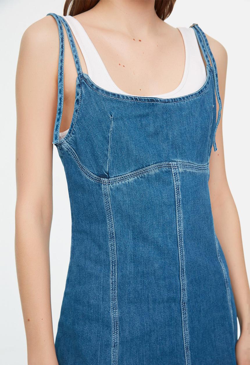 Trendyol - Tie shoulder denim dress - blue