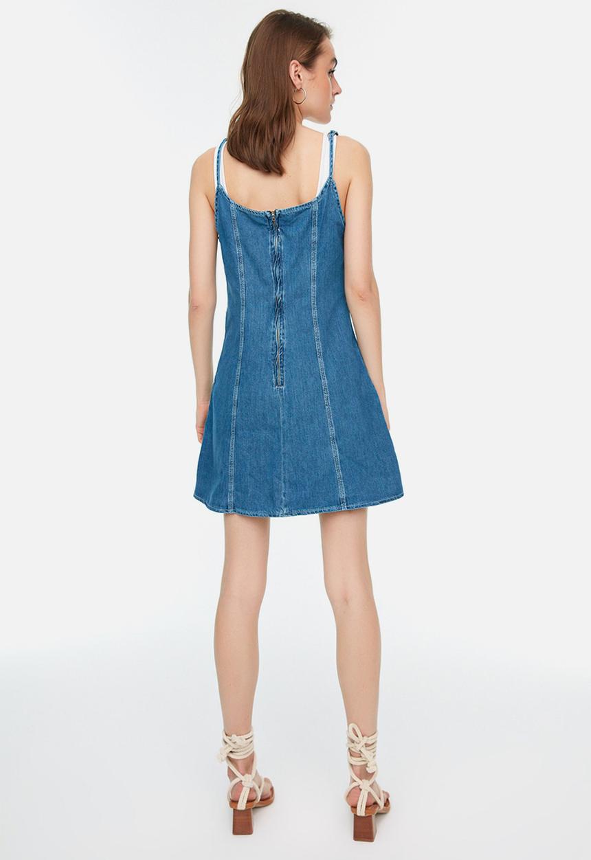 Trendyol - Tie shoulder denim dress - blue