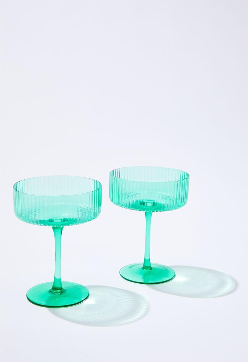 Typo - Set of 2 ribbed glass coupes - jungle teal