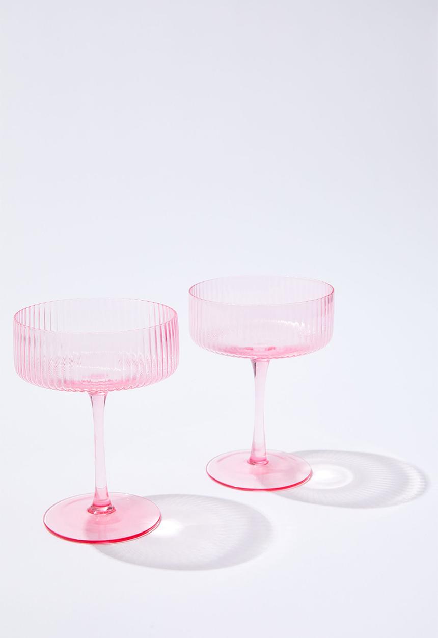 Typo - Set of 2 ribbed glass coupes - rosa powder