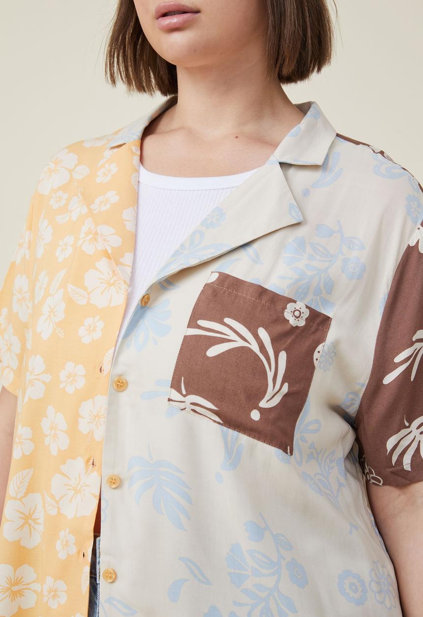 Cotton On - Curve patchwork resort shirt - splice orange patchwork