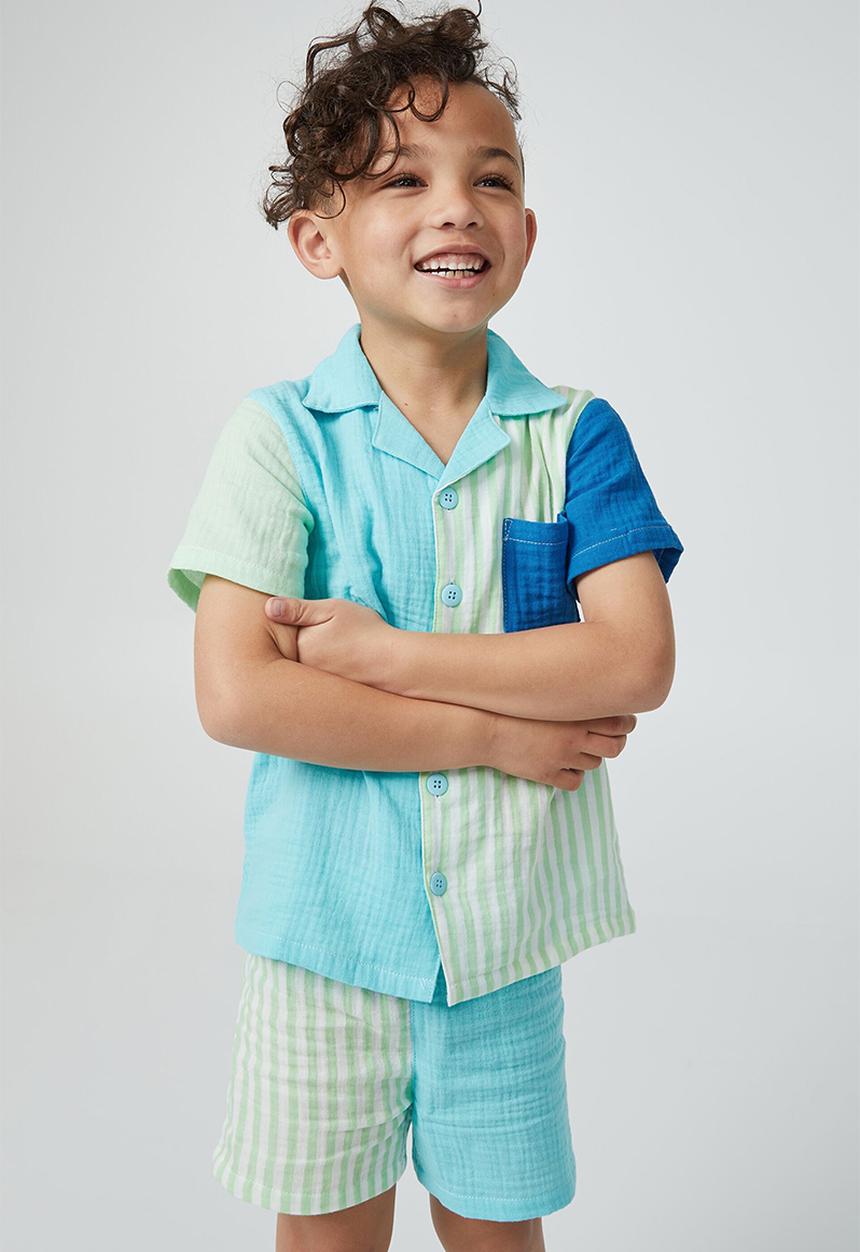 Cotton On - Andre cheesecloth short sleeve pj set - heaven blue/colour block