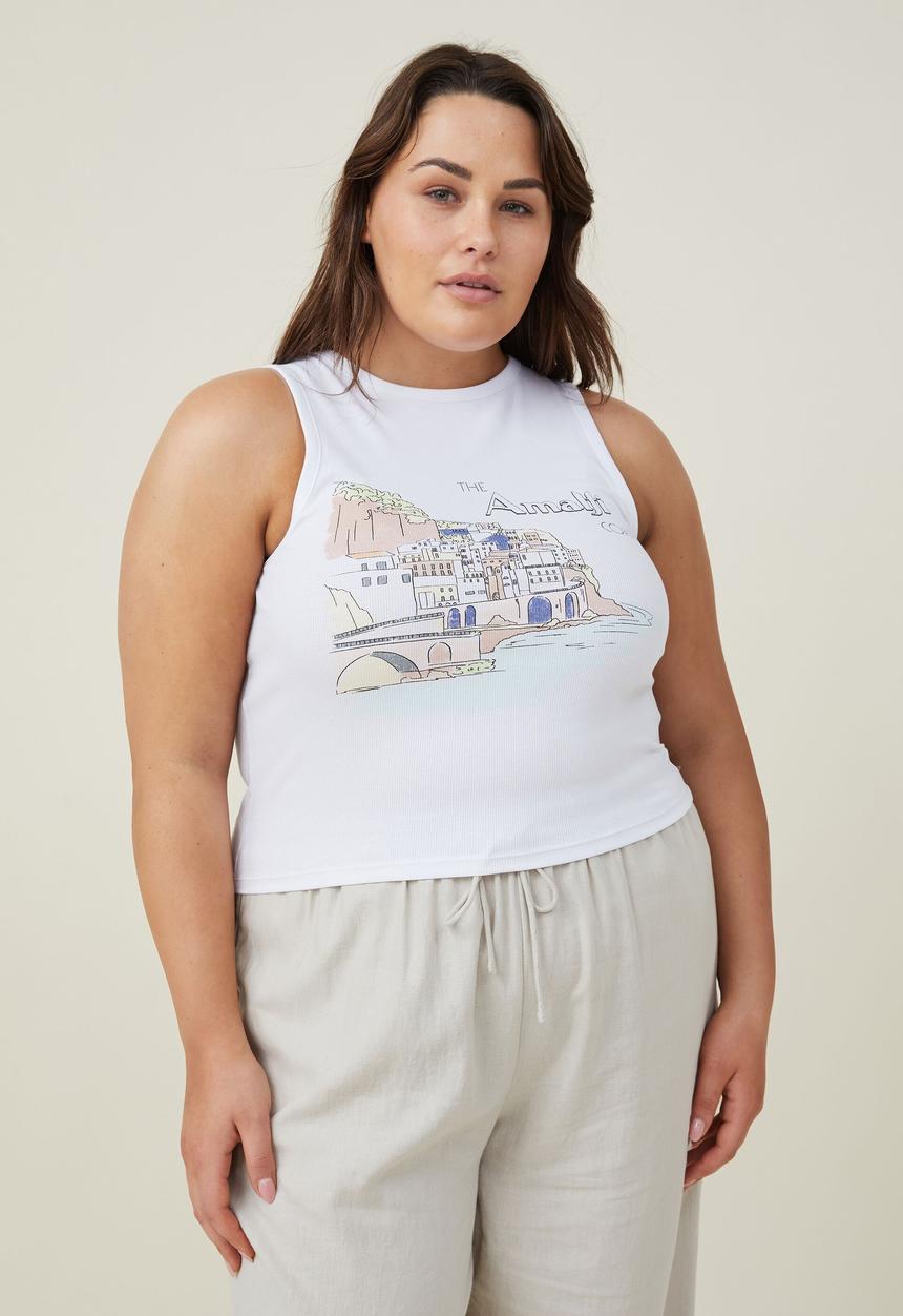 Cotton On - Curve high neck graphic tank - amalfi coast/white