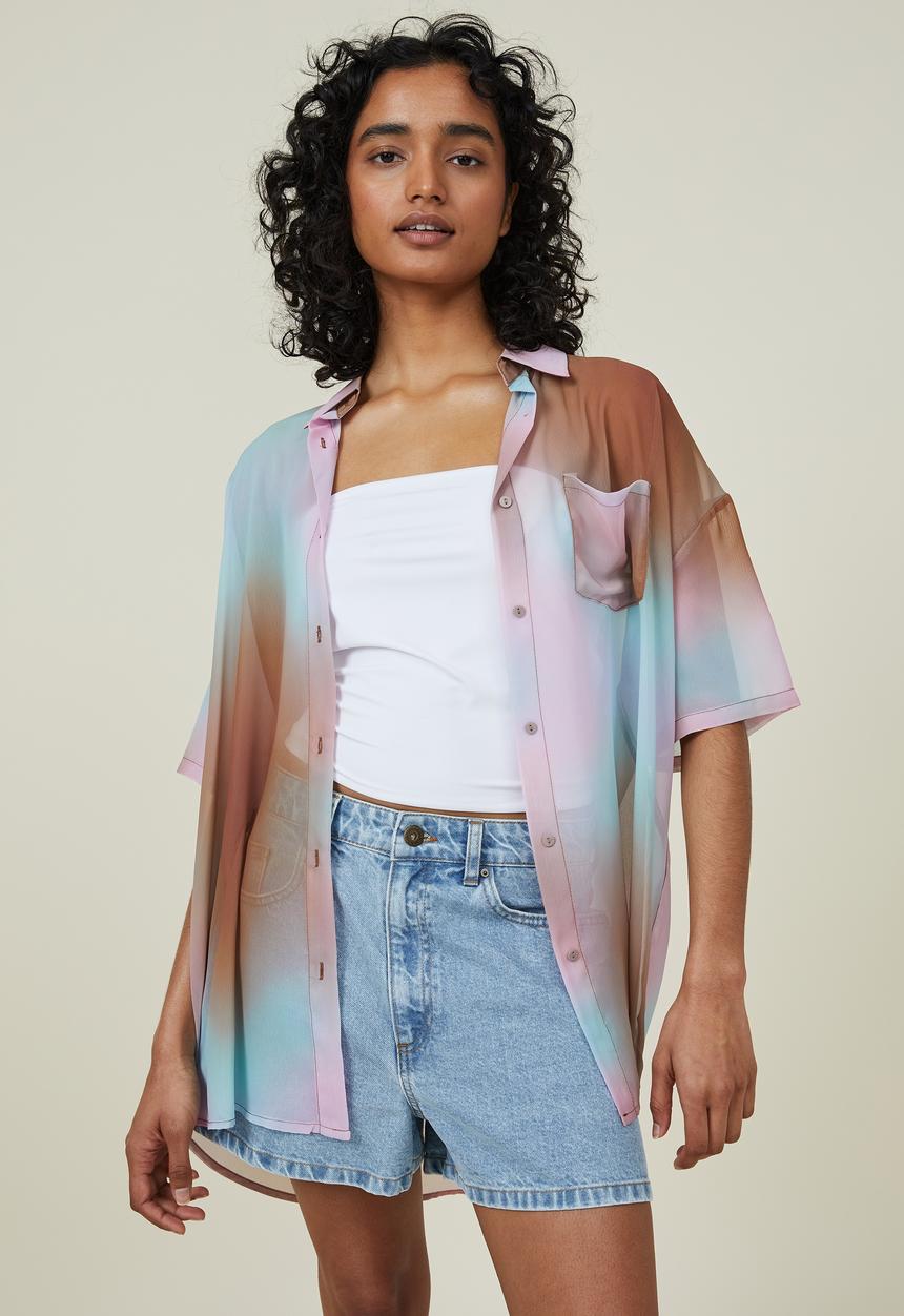 Cotton On - Sheer shirt - sully digital haze clay brown
