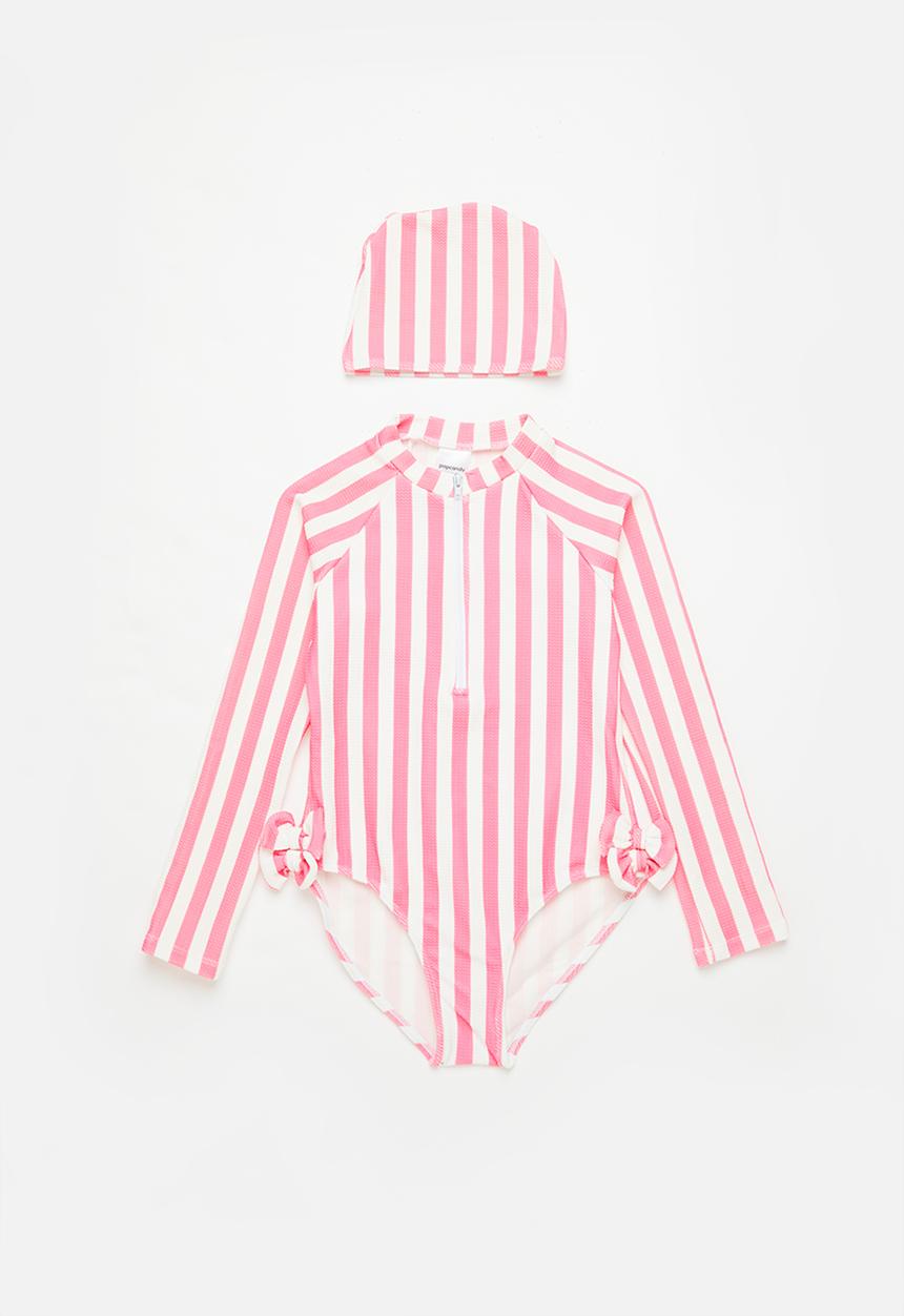 Pop Candy - Girls stripe swimsuit with zip - pink & white 