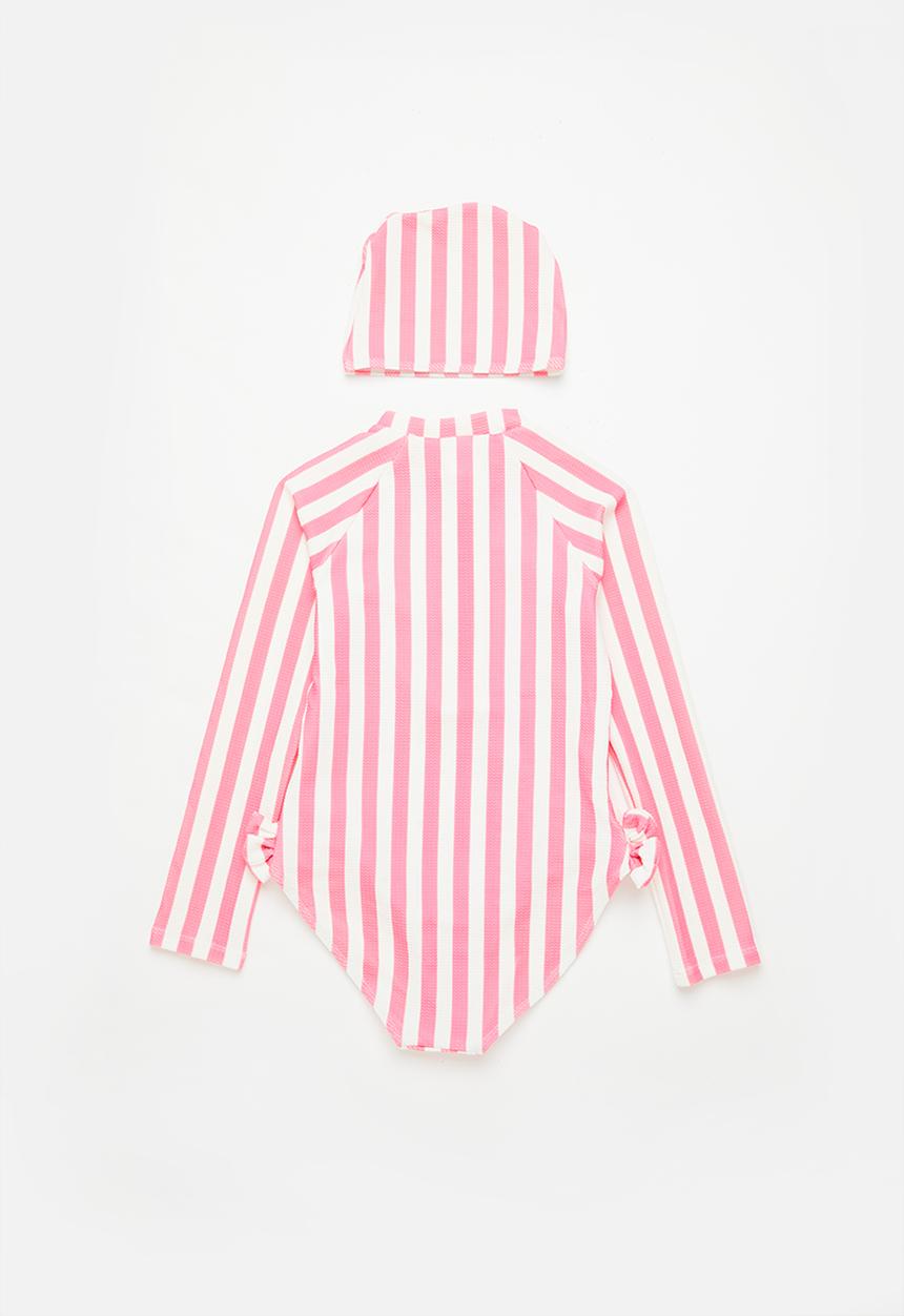 Pop Candy - Girls stripe swimsuit with zip - pink & white 